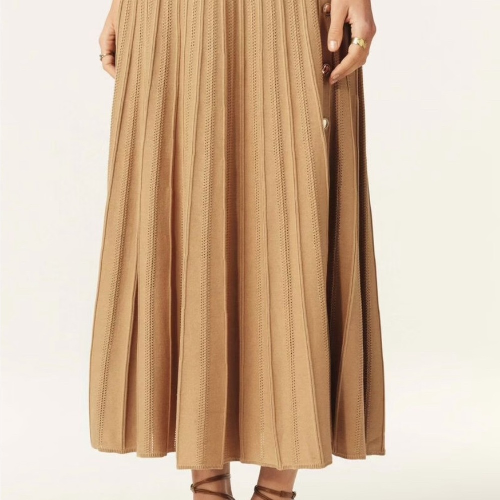 ba&sh Camel Pleated A-Line Maxi Skirt with Button Front